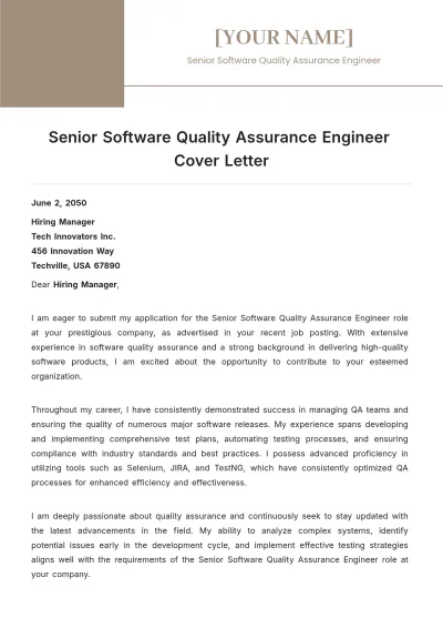 Free Senior Software Quality Assurance Engineer Cover Letter to Edit Online