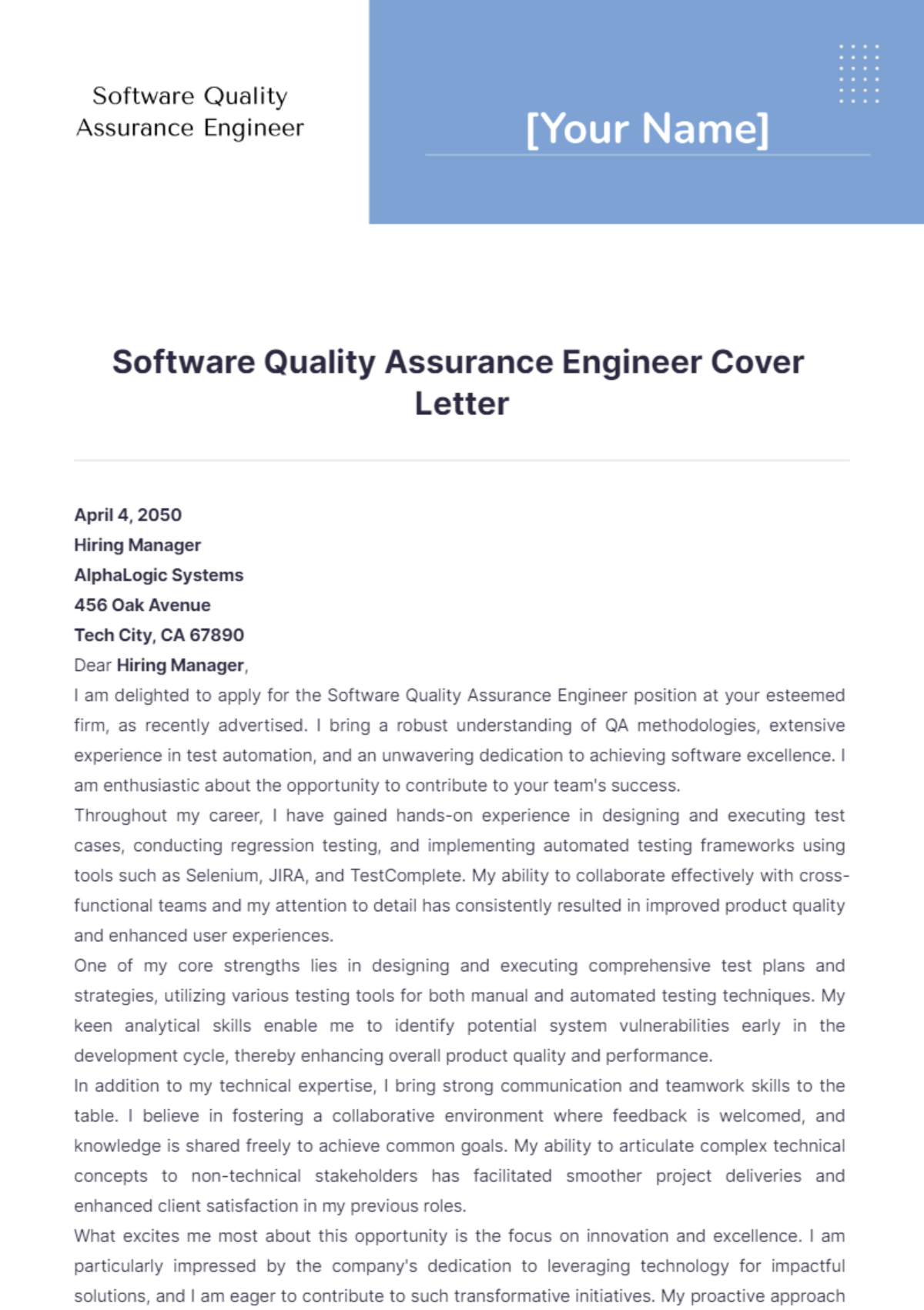 cover letter quality assurance engineer