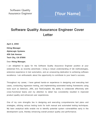 Free Software Quality Assurance Engineer Cover Letter to Edit Online