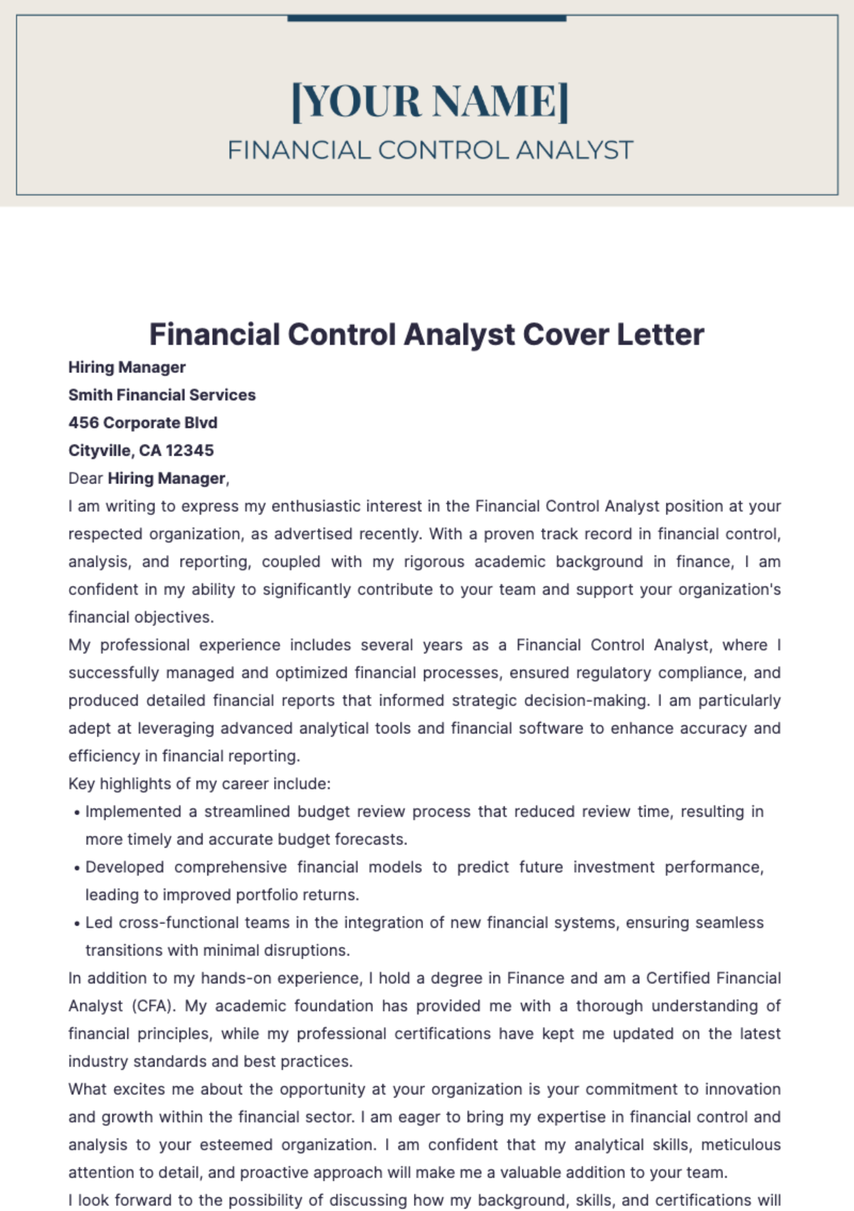 Financial Control Analyst Cover Letter - Edit Online & Download