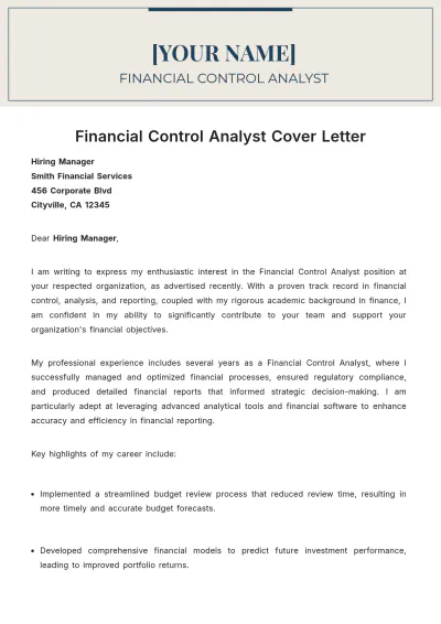 Free Financial Control Analyst Cover Letter to Edit Online