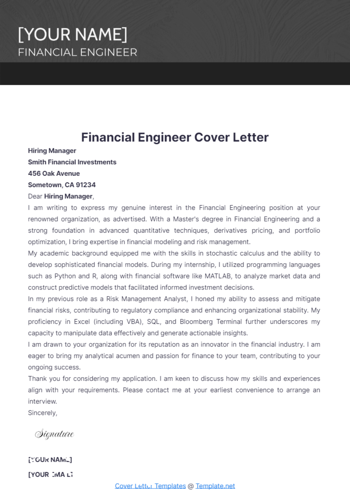 Financial Engineer Cover Letter - Edit Online & Download