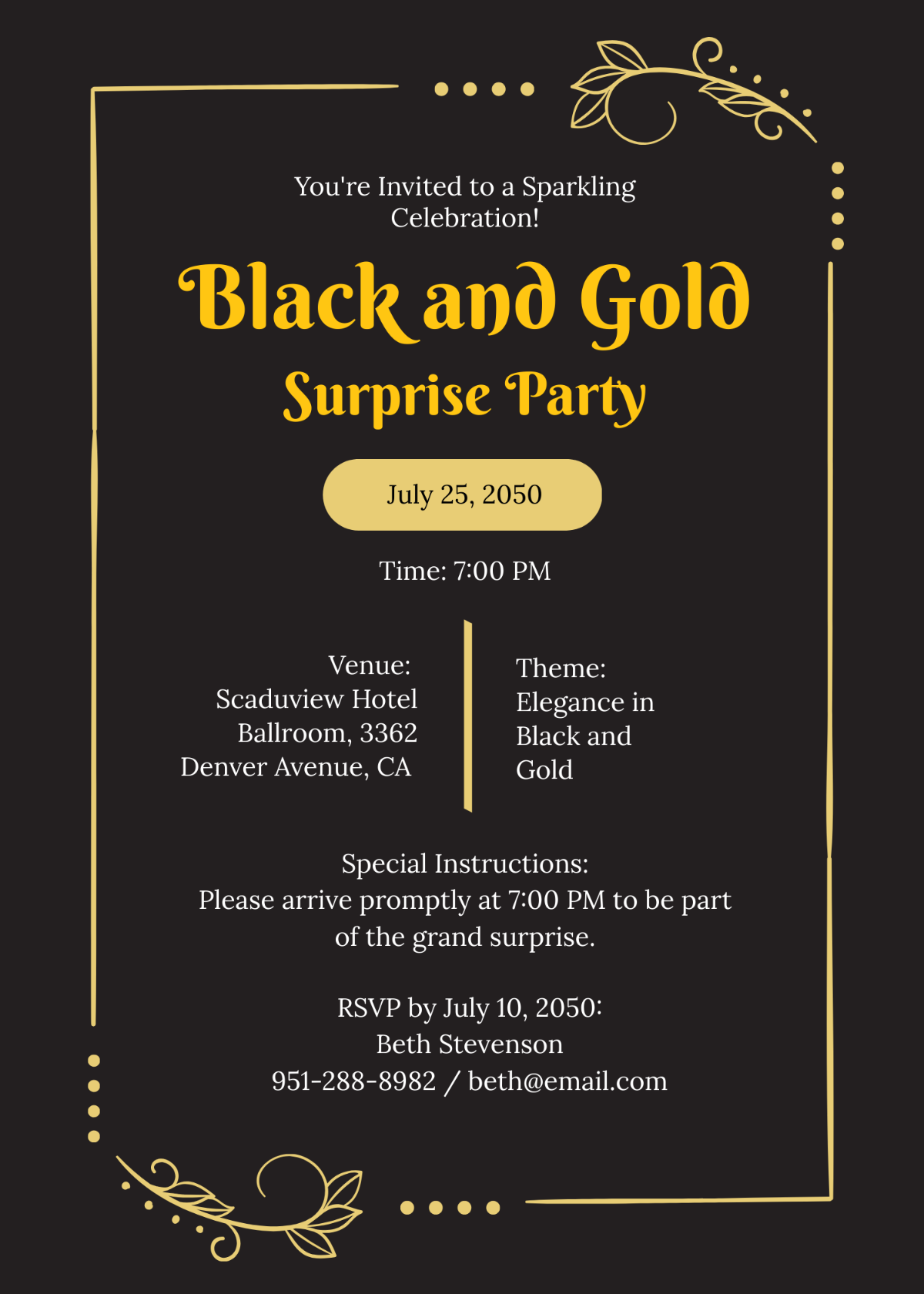 Black And Gold Surprise Party Invitation