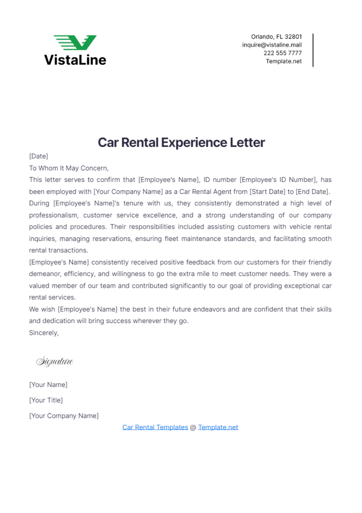 Car Rental Experience Letter Template