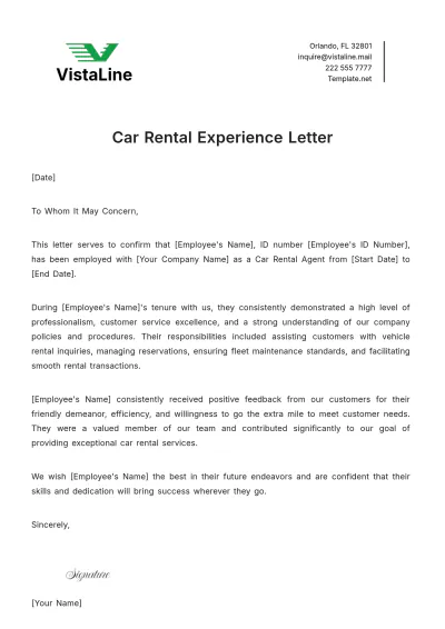 Free Car Rental Experience Letter Template to Edit Online