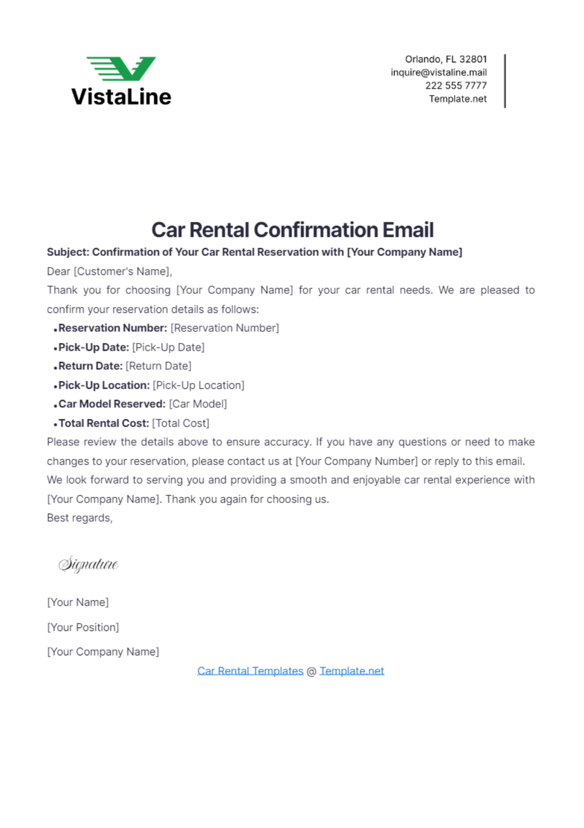 Car Rental Confirmation Email Template