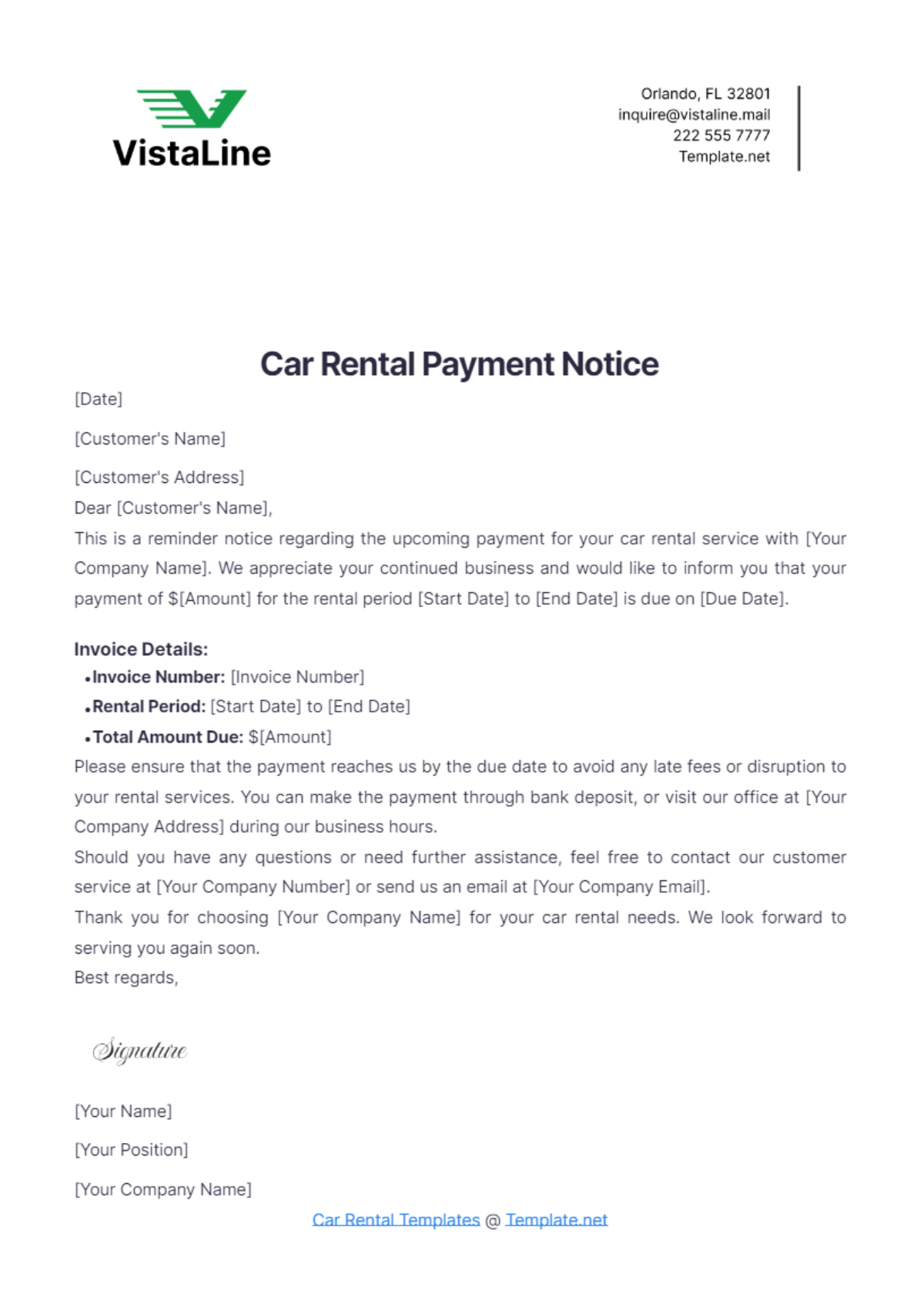 Car Rental Payment Notice Template