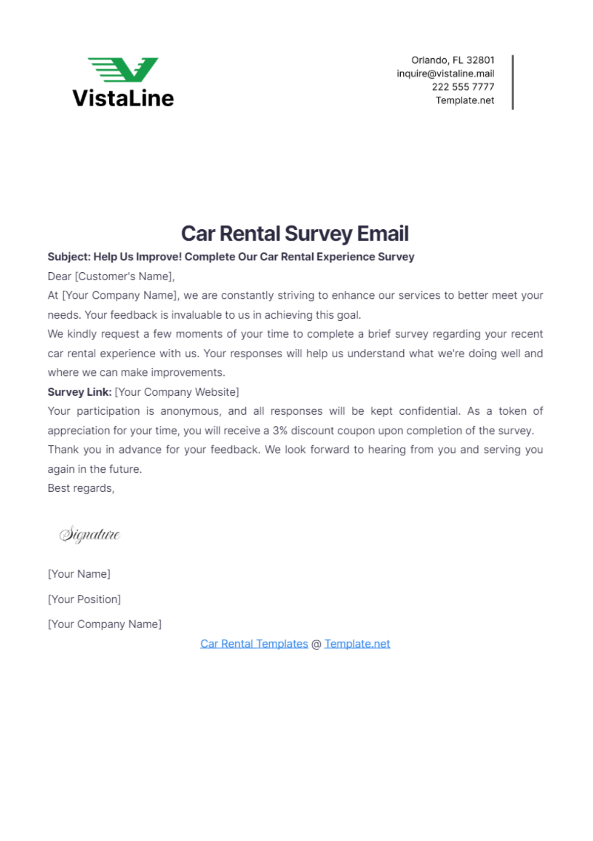 Car Rental Survey Email Template