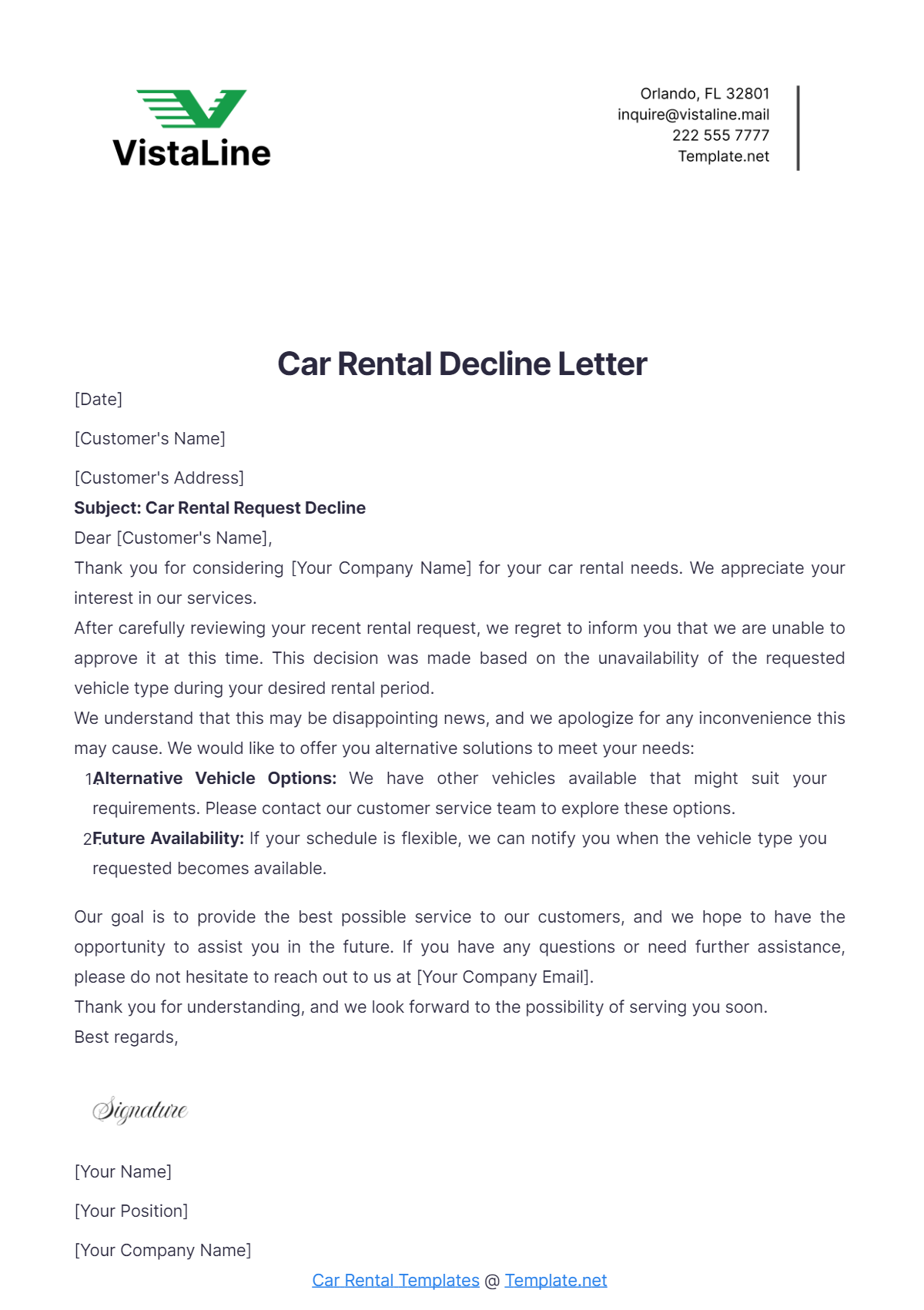 Free Car Rental Decline Letter Template