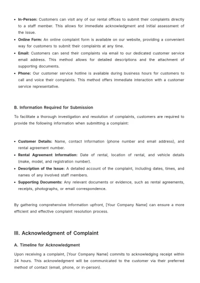 Free Car Rental Complaints Procedure Template to Edit Online