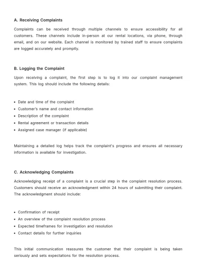 Free Car Rental Complaint Resolution Procedure Template to Edit Online