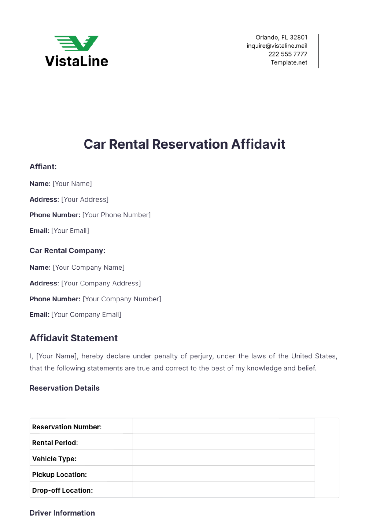 Car Rental Reservation Affidavit Template - Edit Online & Download