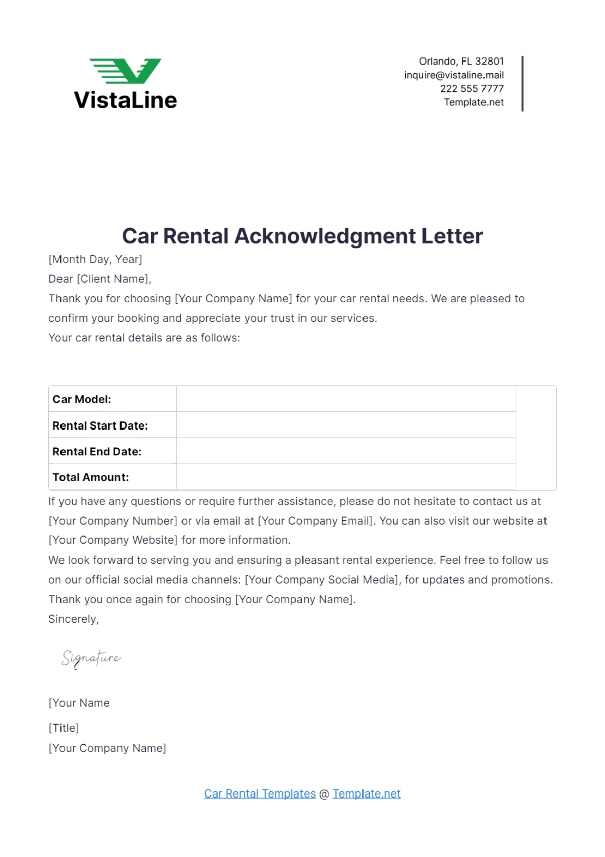 Car Rental Acknowledgment Letter Template - Edit Online & Download