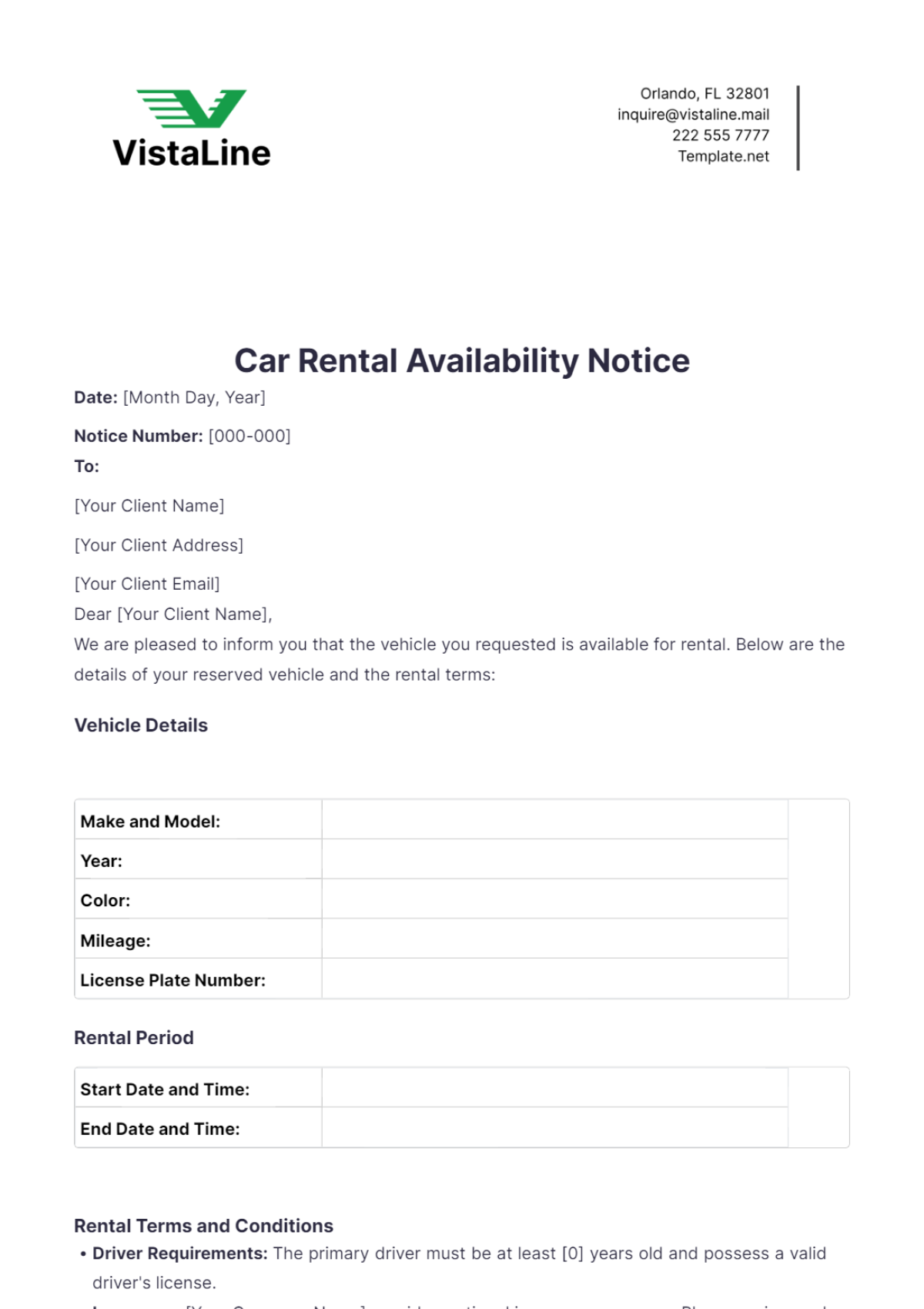 Car Rental Availability Notice Template - Edit Online & Download