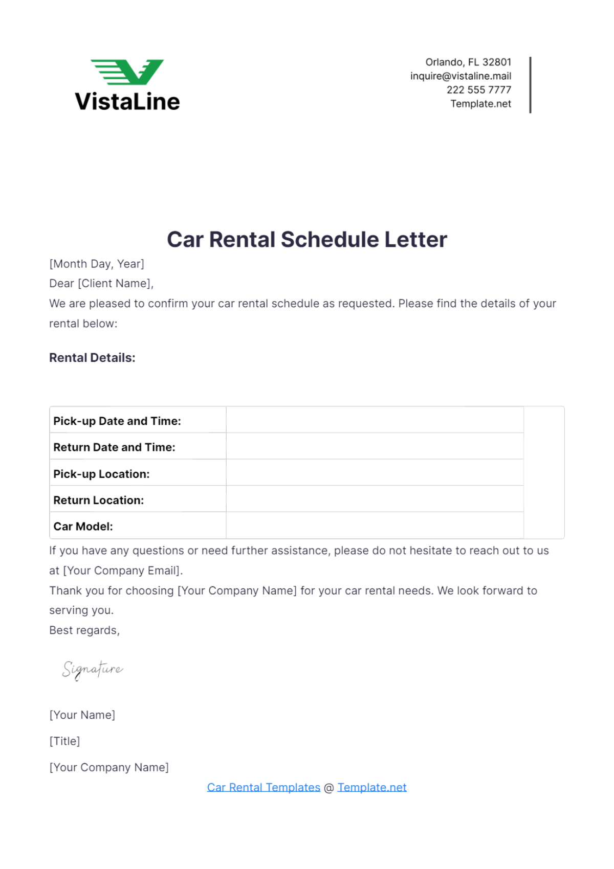 Car Rental Schedule Letter Template - Edit Online & Download