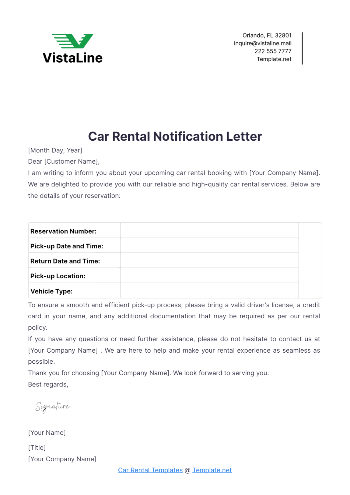 Car Rental Notification Letter Template - Edit Online & Download