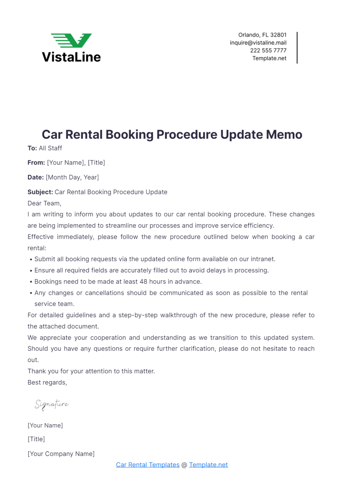 Car Rental Booking Procedure Update Memo Template - Edit Online & Download