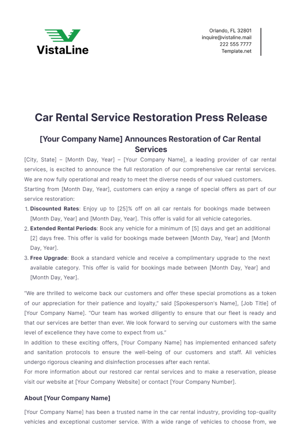 Car Rental Service Restoration Press Release Template - Edit Online & Download