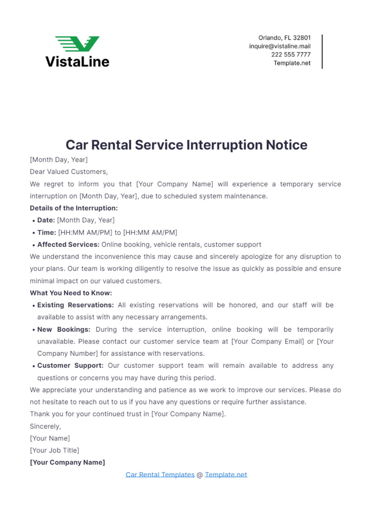 Car Rental Service Interruption Notice Template - Edit Online & Download