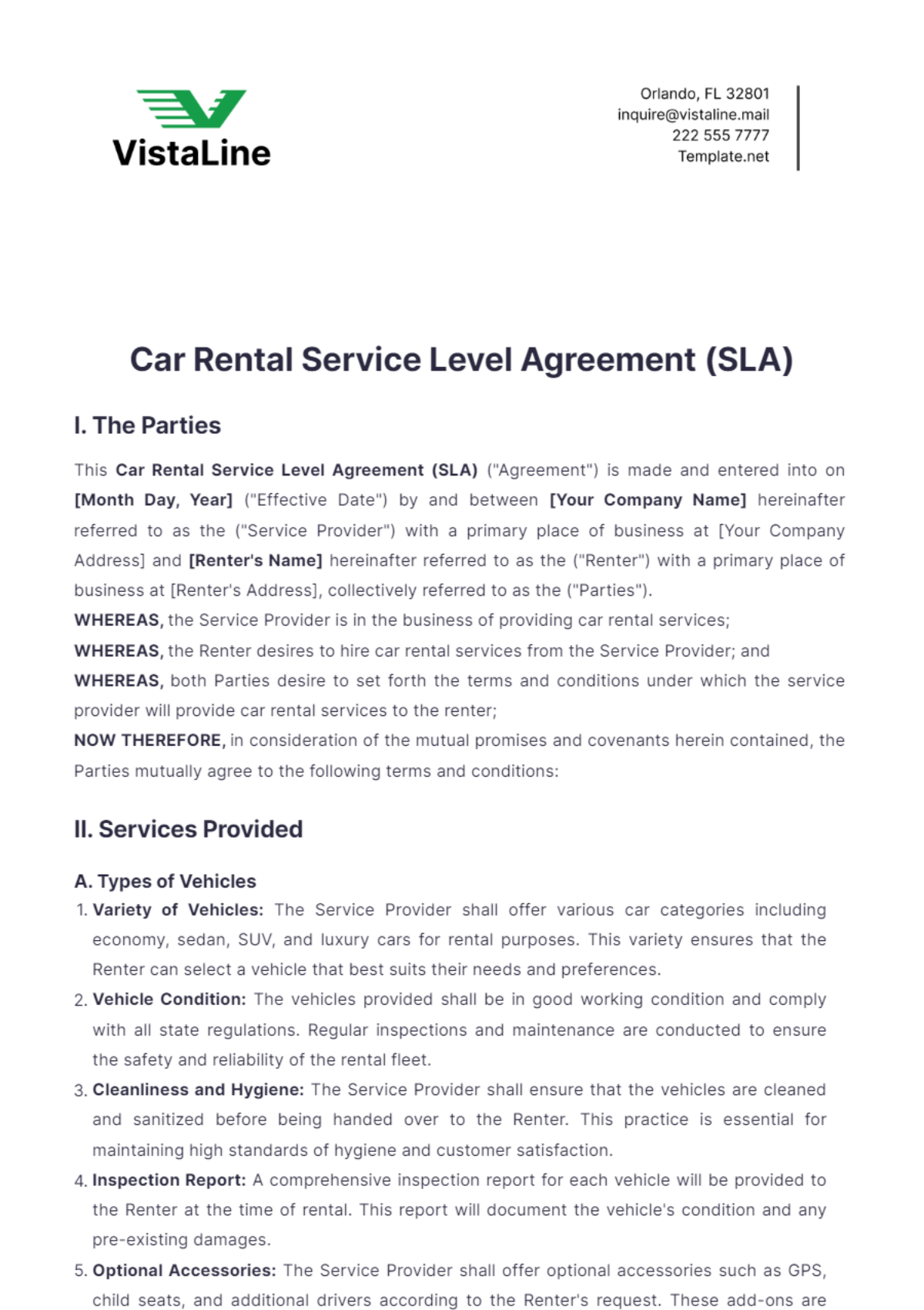 Car Rental Service Level Agreement (SLA) Template - Edit Online & Download