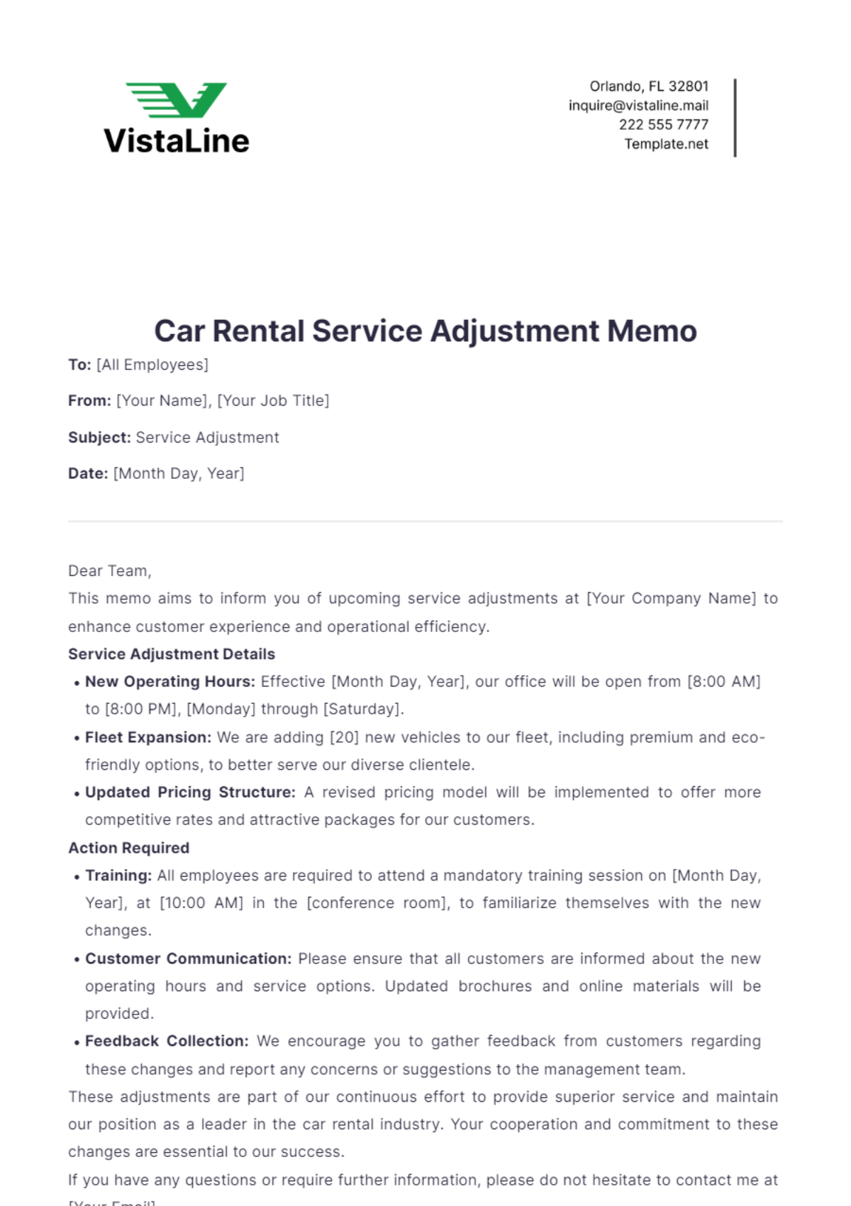 Car Rental Service Adjustment Memo Template - Edit Online & Download