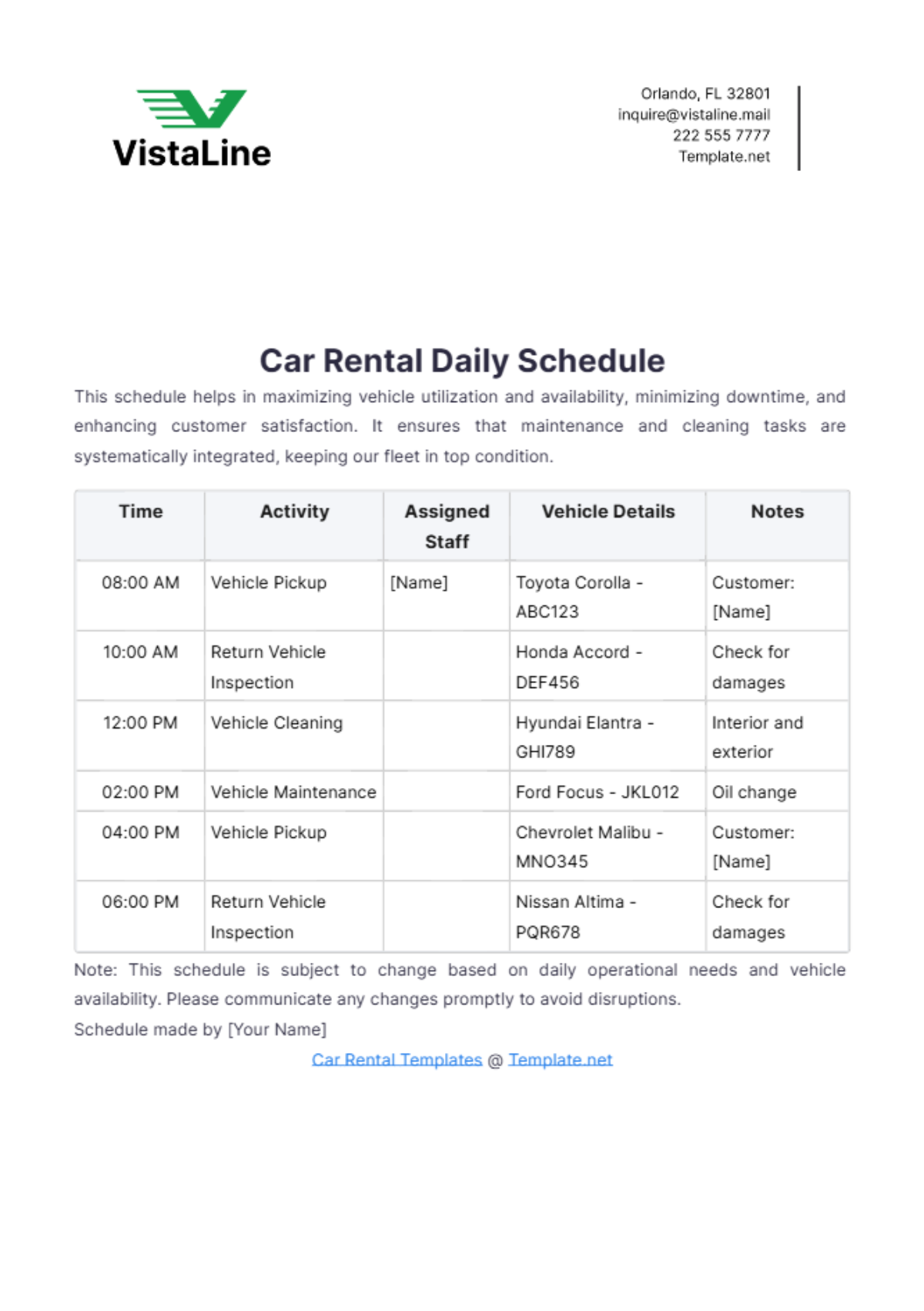 Car Rental Daily Schedule Template - Edit Online & Download