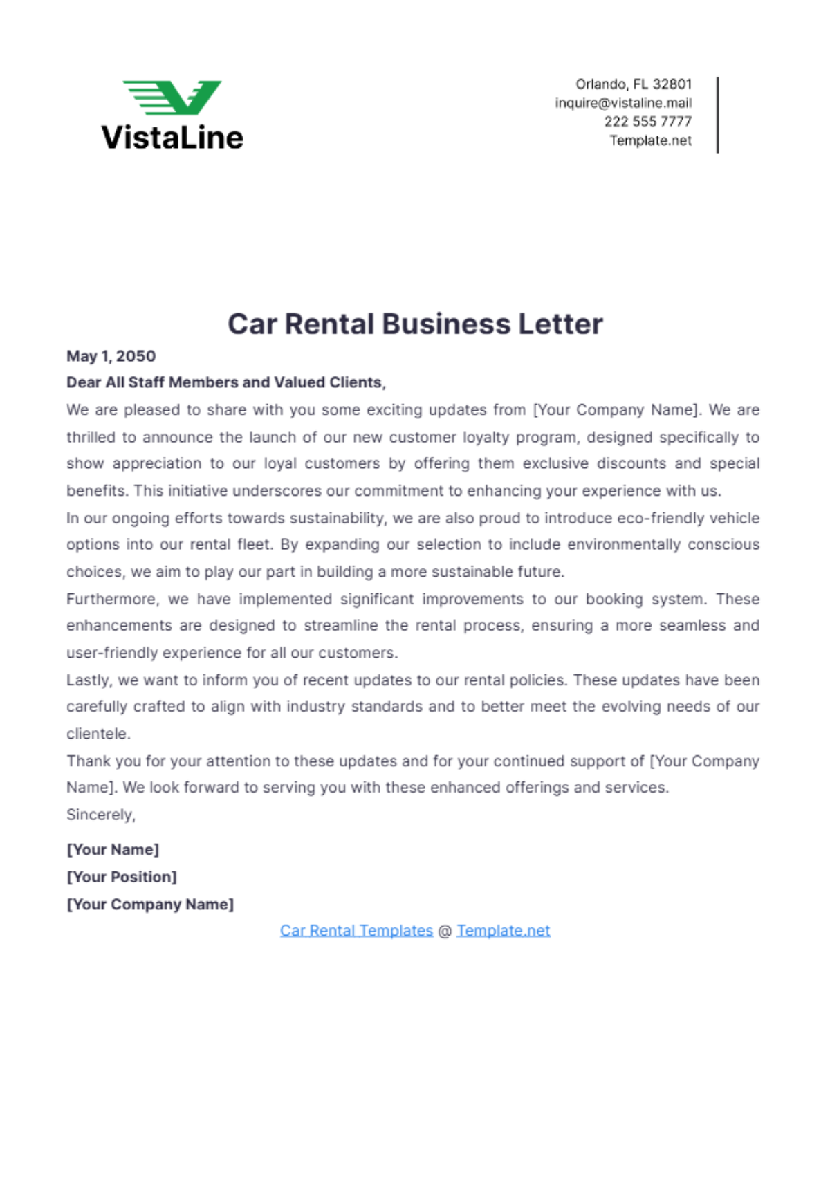 Car Rental Business Letter Template