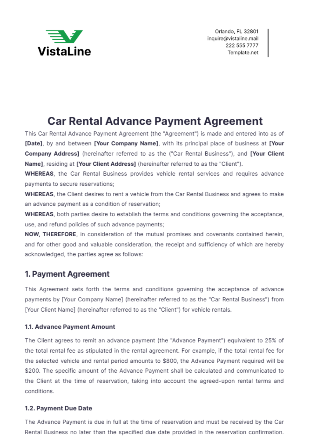 Car Rental Advance Payment Agreement Template - Edit Online & Download