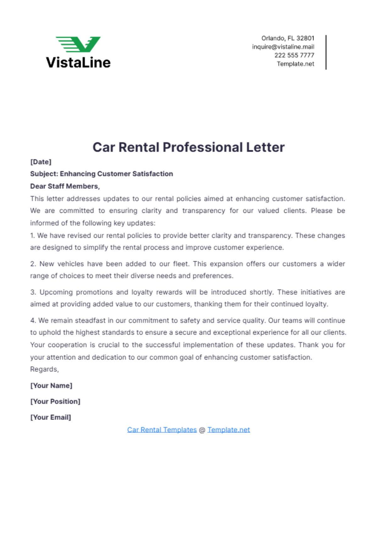 Car Rental Professional Letter Template