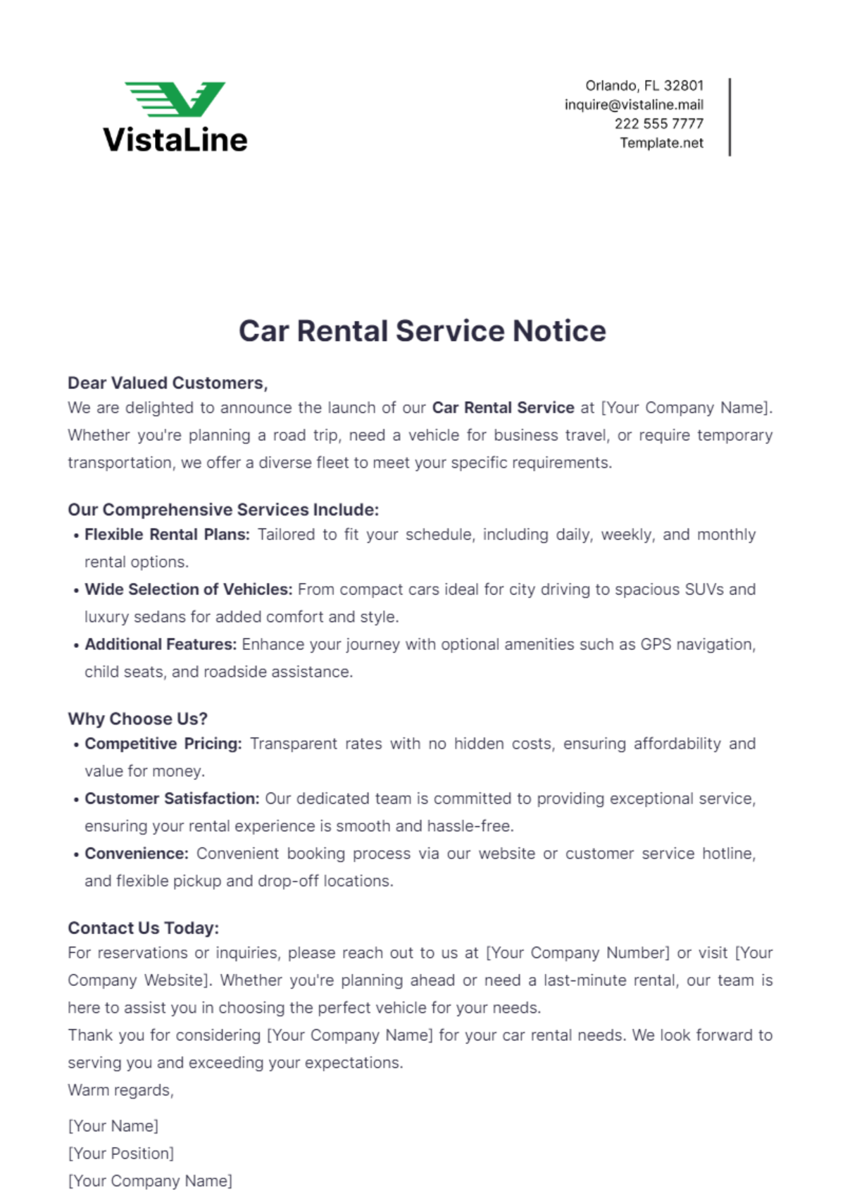 Car Rental Service Notice Template - Edit Online & Download