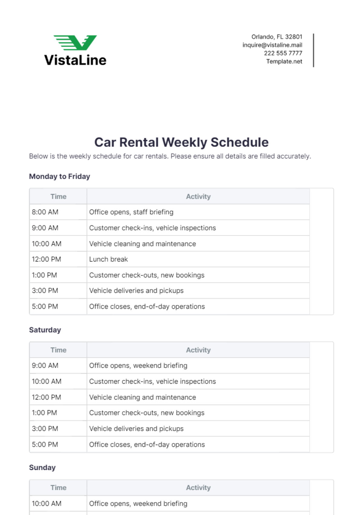 Car Rental Weekly Schedule Template - Edit Online & Download