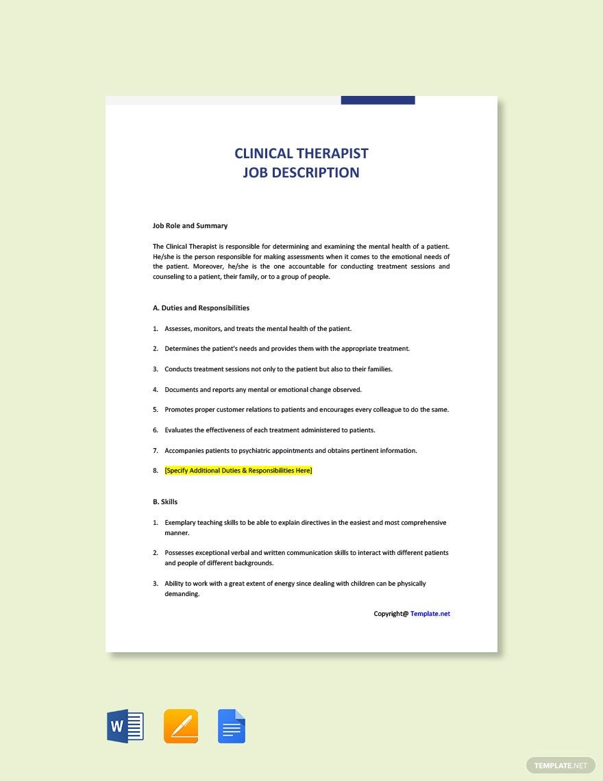 Clinical Therapist Job Ad and Description Template