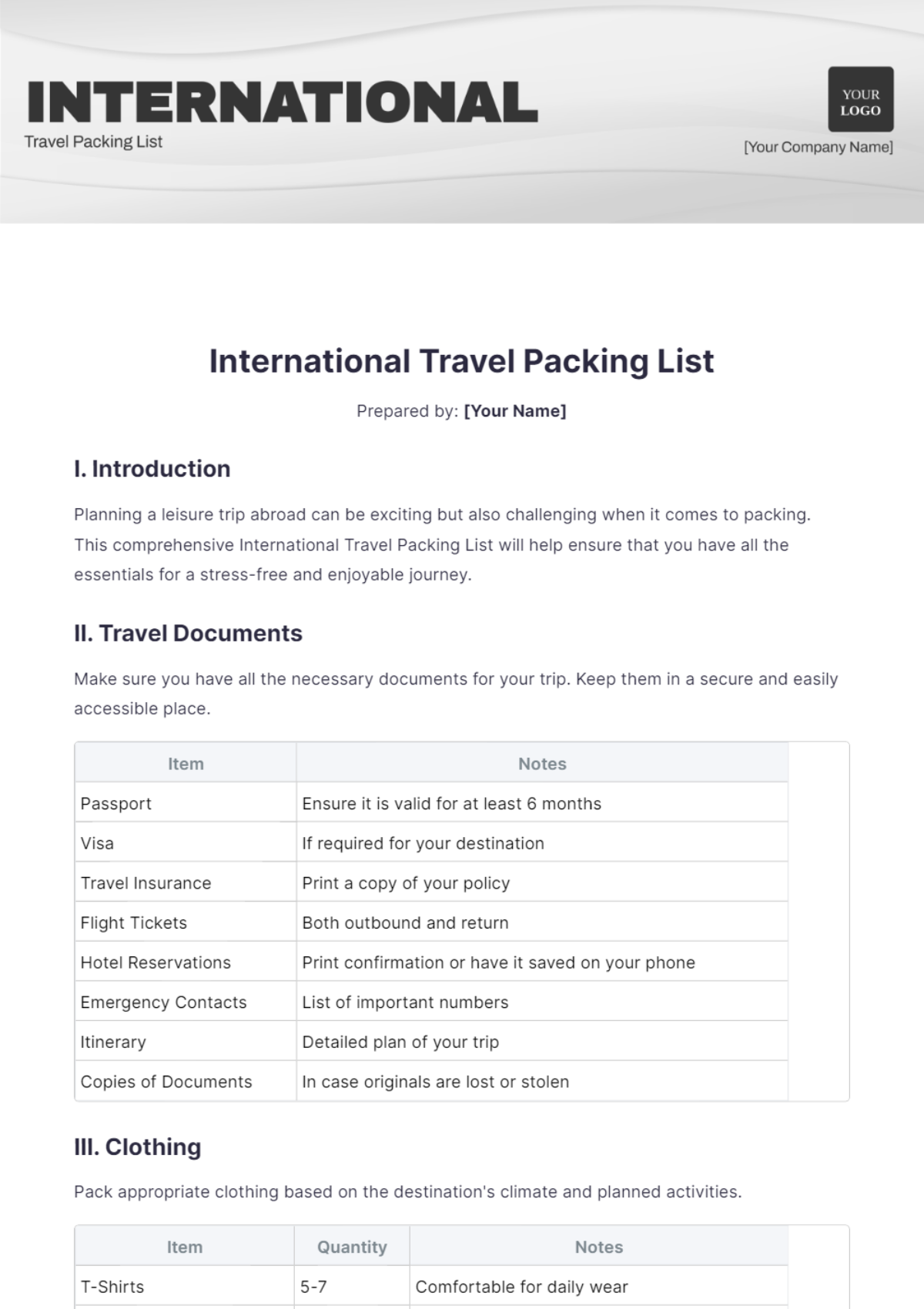 International Travel Packing List Template - Edit Online & Download