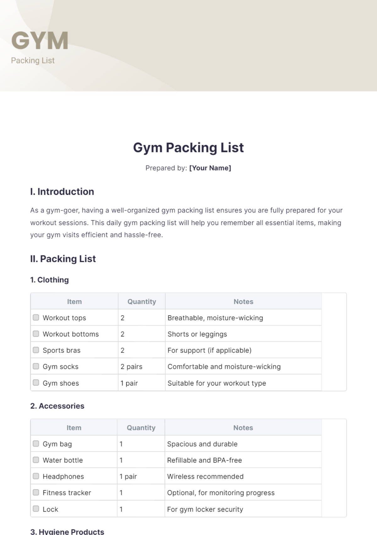 Gym Packing List Template - Edit Online & Download