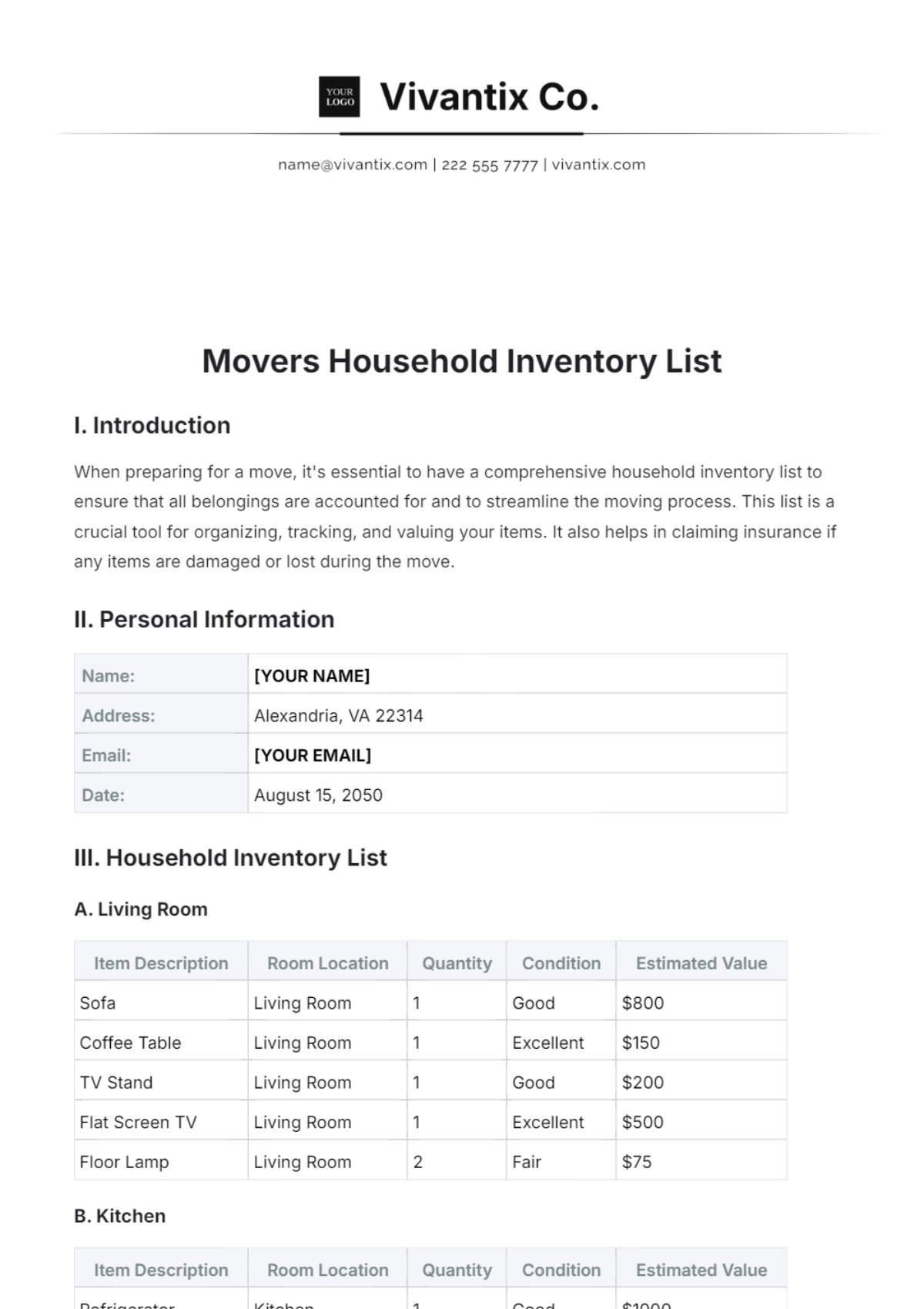 Movers Household Inventory List Template