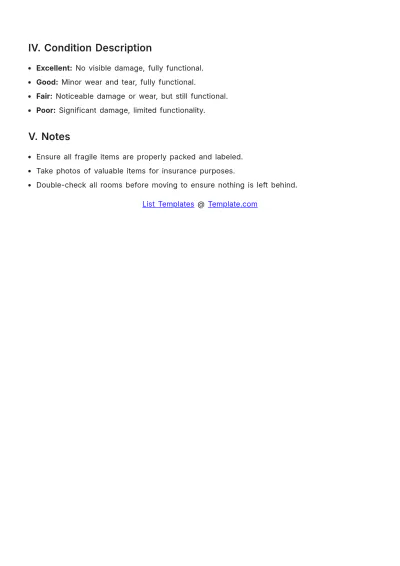 Free Movers Household Inventory List Template to Edit Online