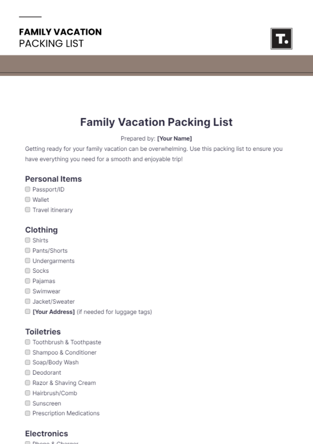 Family Vacation Packing List Template - Edit Online & Download