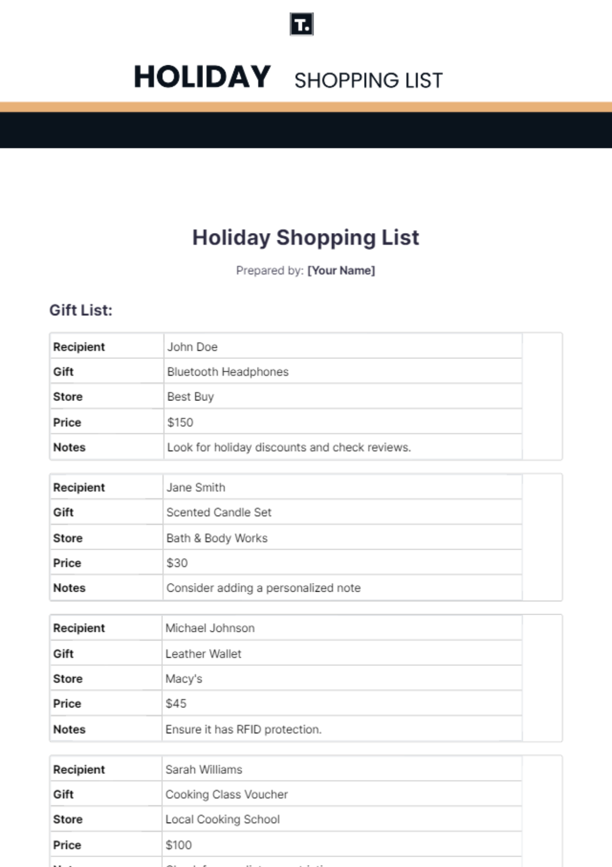 Holiday Shopping List Template - Edit Online & Download