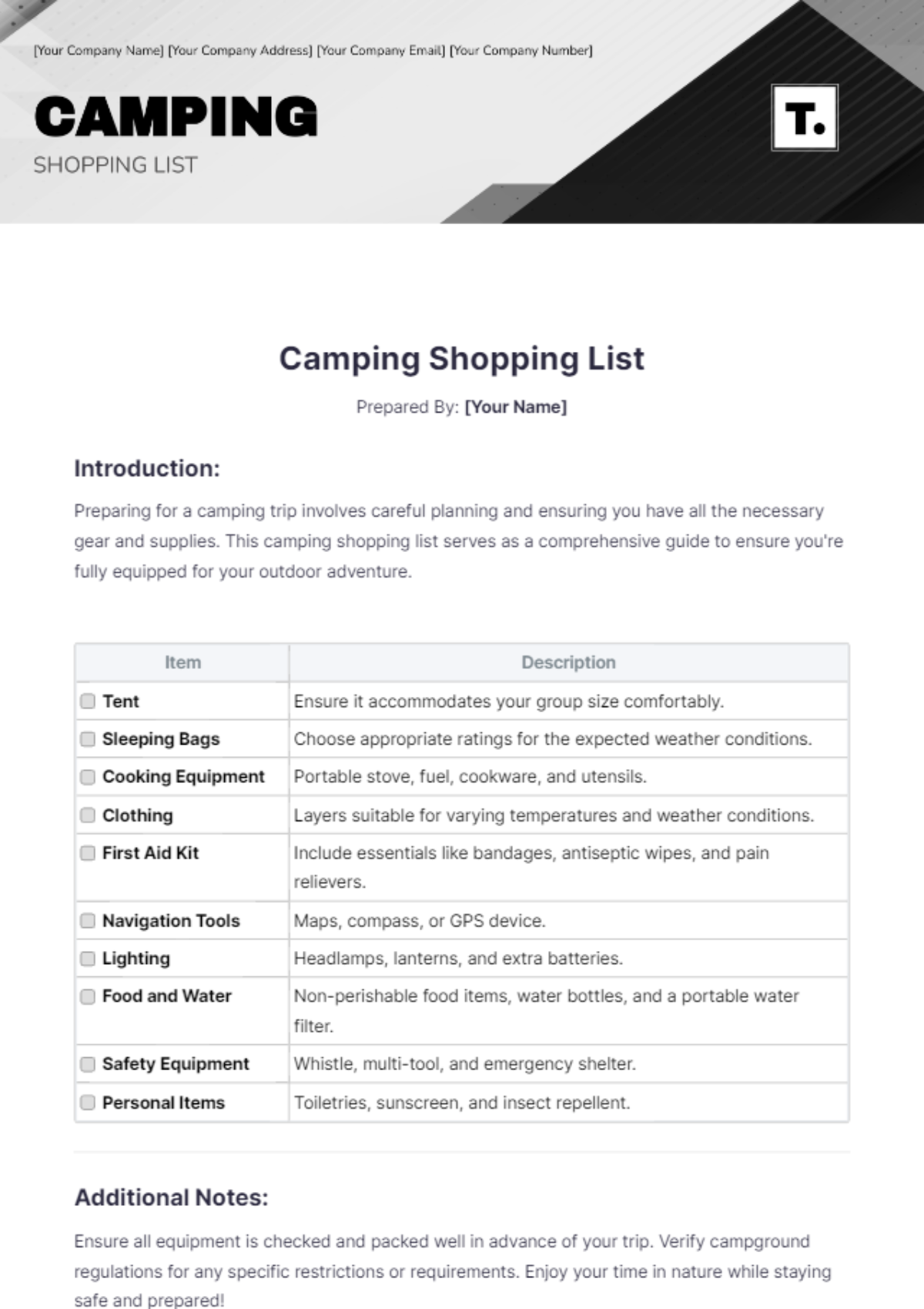 Camping Shopping List Template - Edit Online & Download