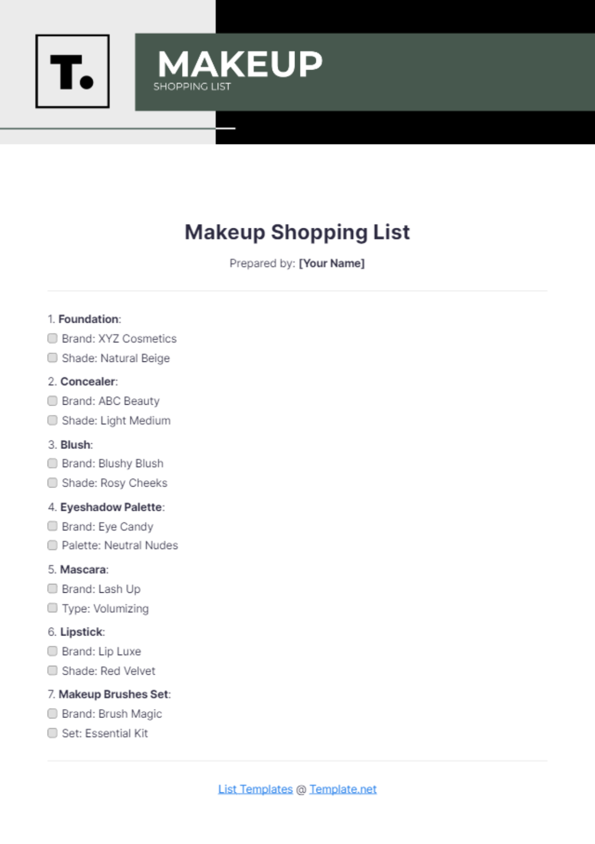 Makeup Shopping List Template - Edit Online & Download