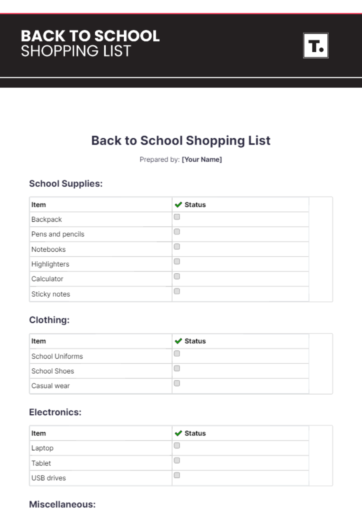 Free Back To School Shopping List Template to Edit Online