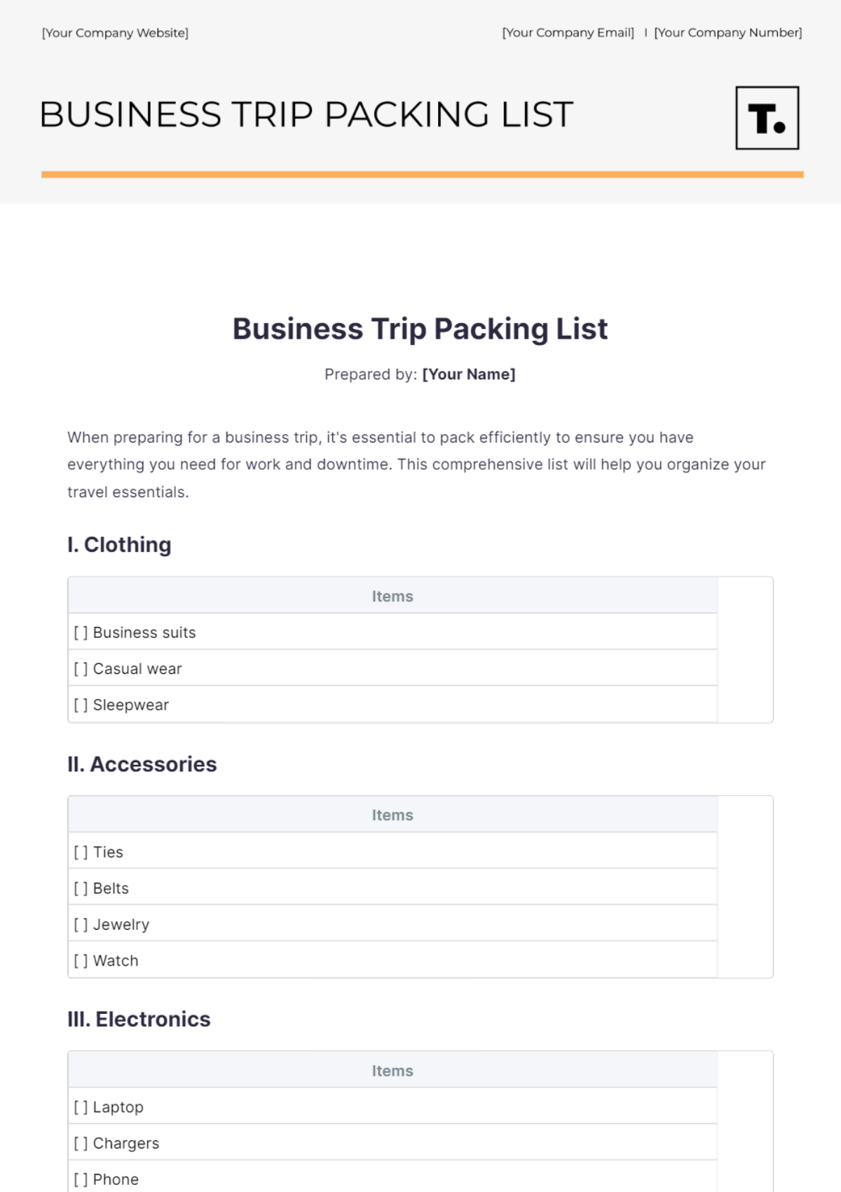 Business Trip Packing List Template - Edit Online & Download