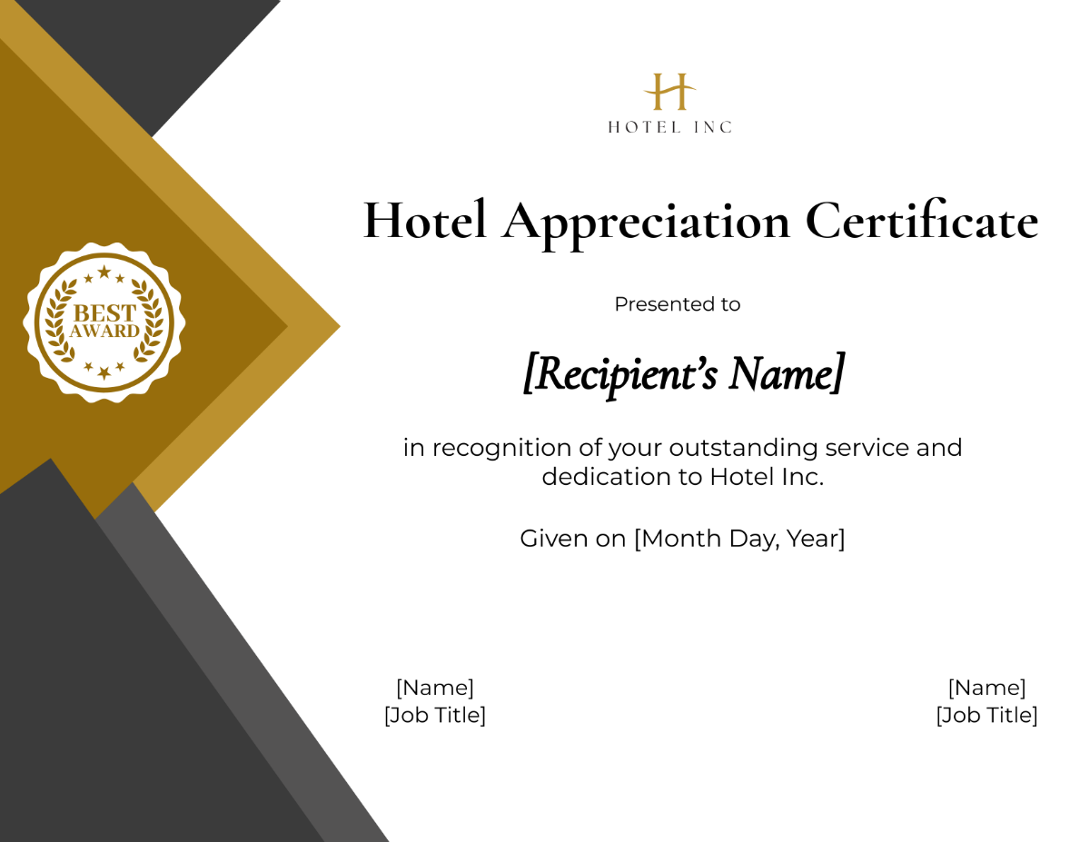 Hotel Appreciation Certificate