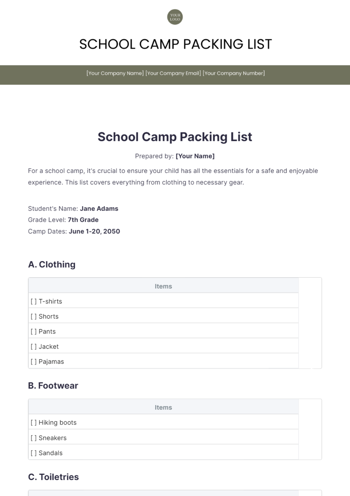 School Camp Packing List Template - Edit Online & Download