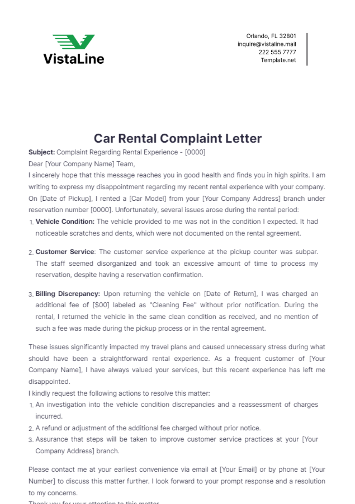 Car Rental Complaint Letter Template