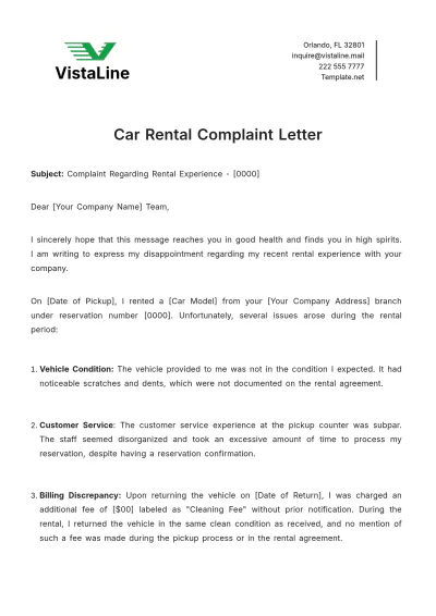 Free Car Rental Complaint Letter Template to Edit Online