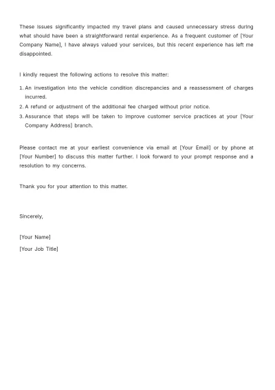 Free Car Rental Complaint Letter Template to Edit Online