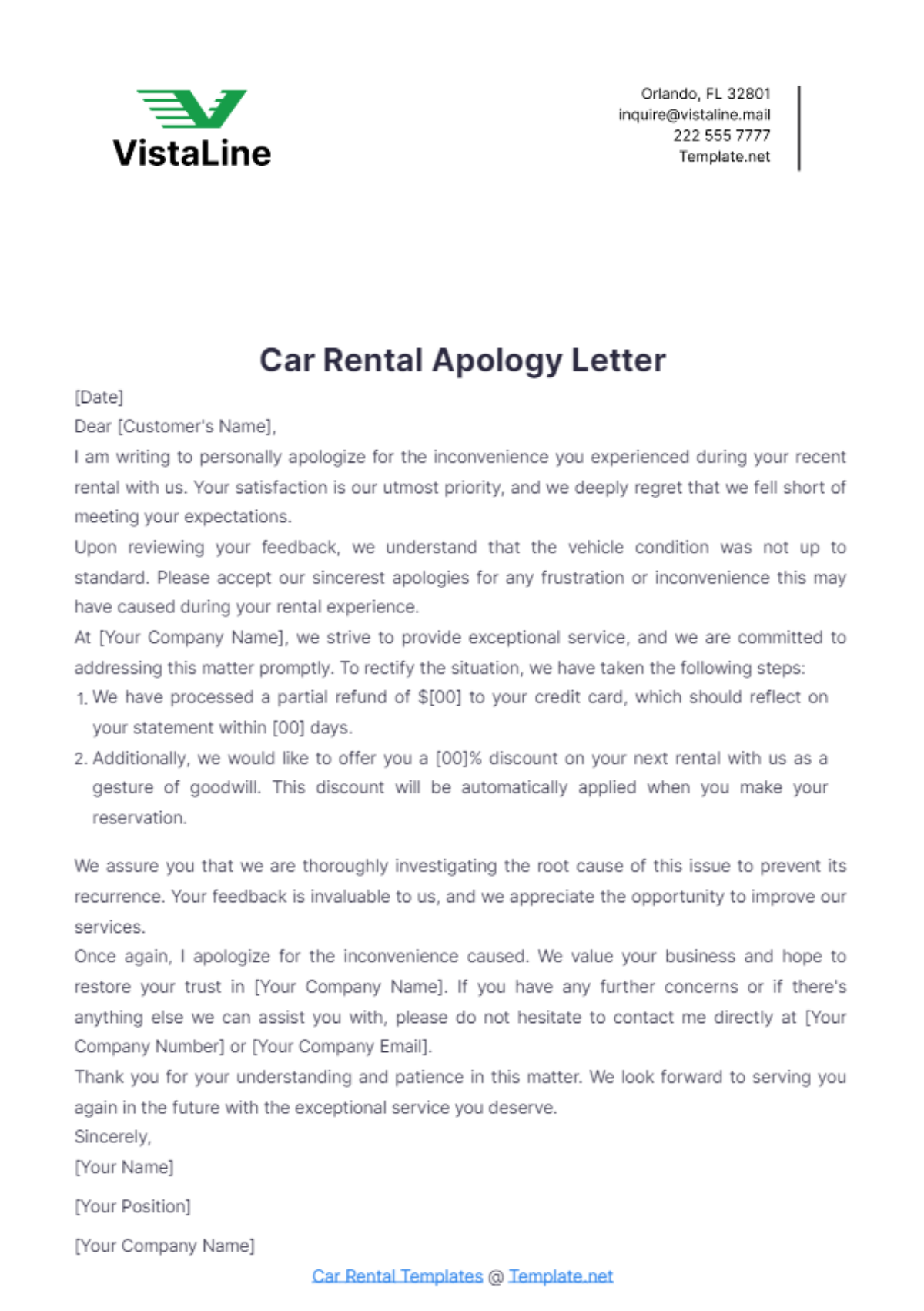 Car Rental Apology Letter Template - Edit Online & Download