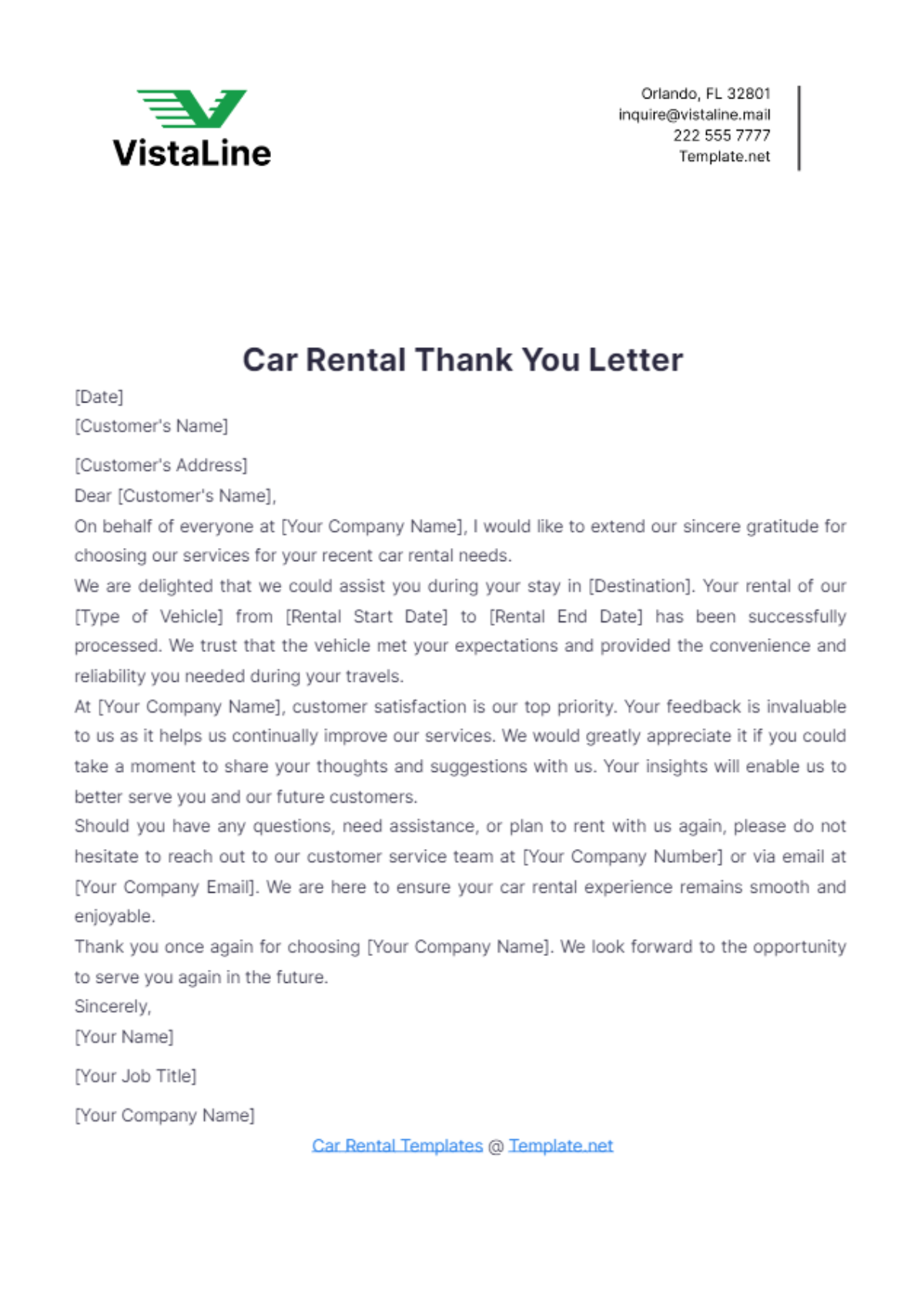 Car Rental Thank You Letter Template - Edit Online & Download