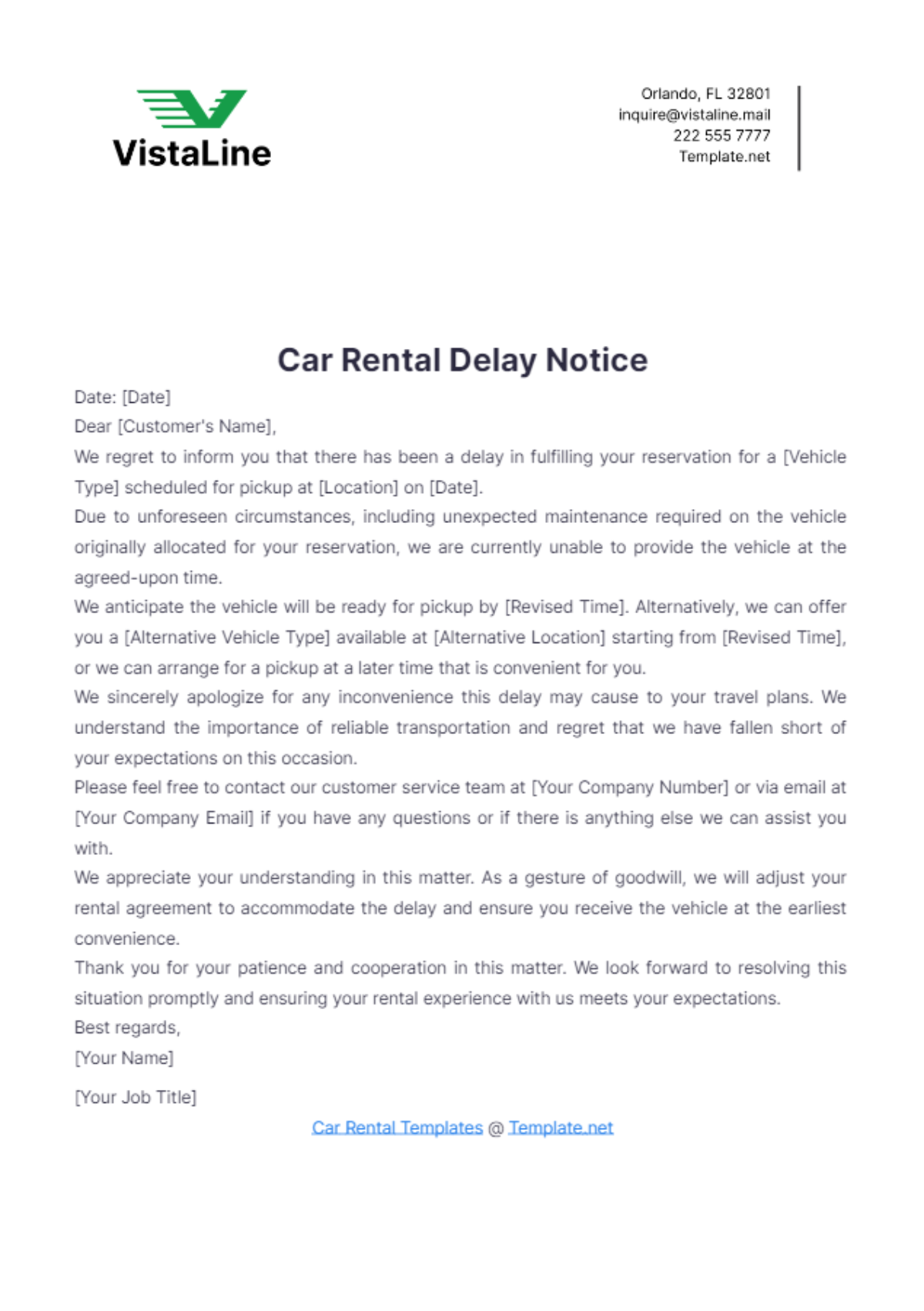 Car Rental Delay Notice Template - Edit Online & Download